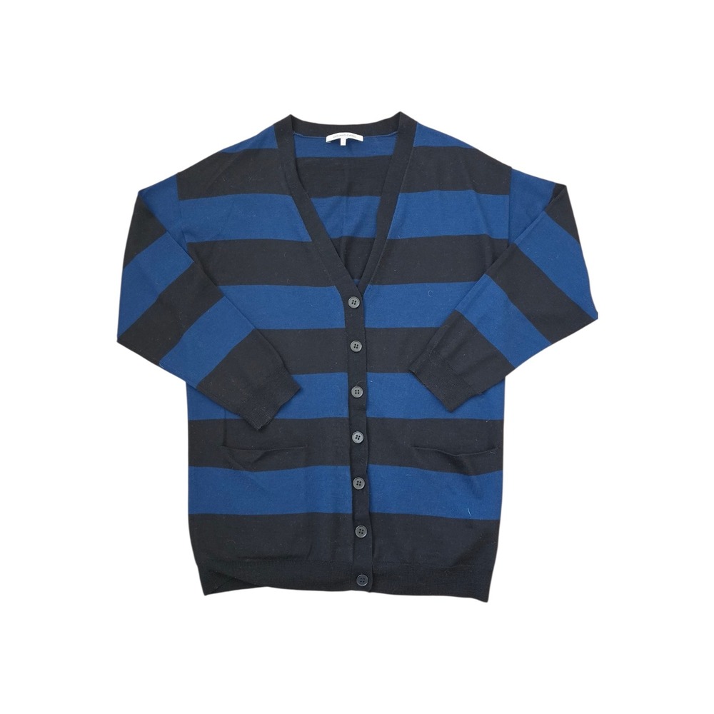 Gerard Darel Merino Wool Striped Blue Black Lightweight Preppy Button Cardigan